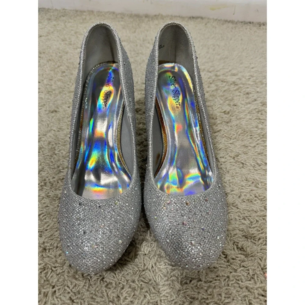 Silver Slipper Womens Romance Rhinestone Sparkle Pumps High Heel Shoes Size 7.5M